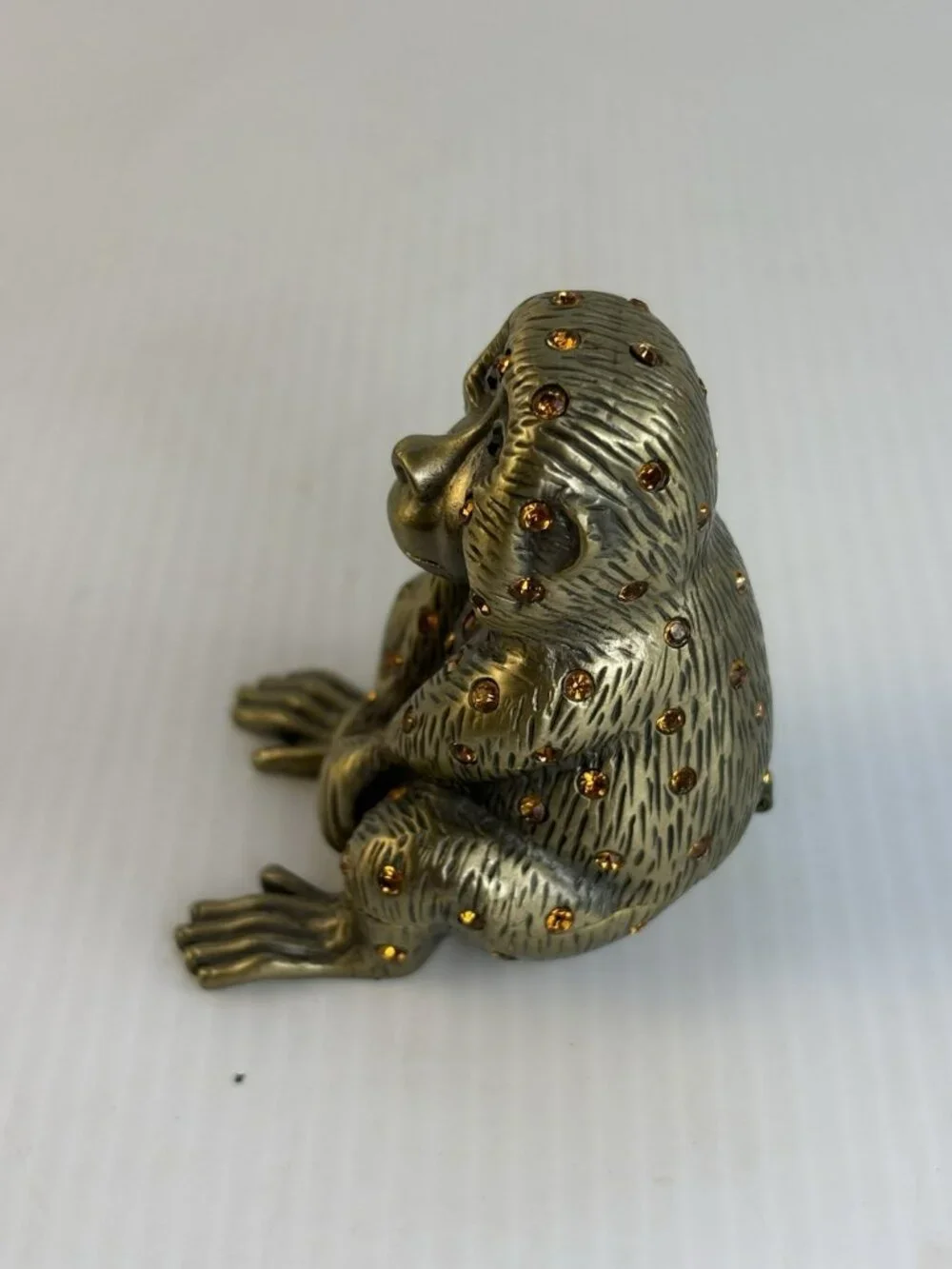 Vintage Cast Brass Monkey Trinket Dish Figurine Amber Rhinestone Crystals Heavy
